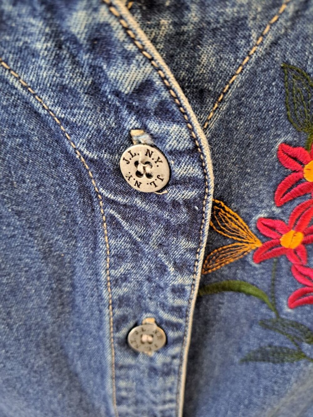 Vtg Denim Embroidered Dress Floral Button-Up Sleeveless Pockets S Cotton Teacher - Picture 4 of 10
